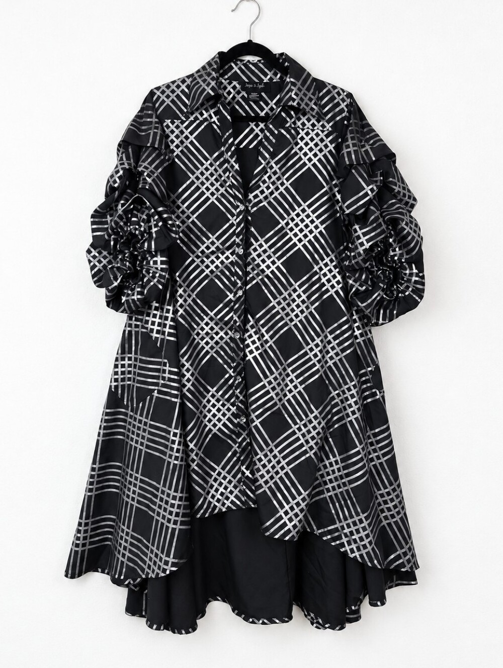 Lagenlook Art to Wear Holiday Metallic Plaid Puff Sleeve High Low Dress Size L